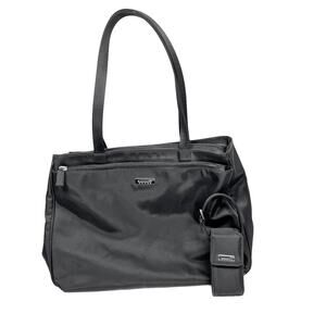 Vintage Guess Shoulder Bag Black Nylon Tote Double Handle Silver Tone Logo Y2K